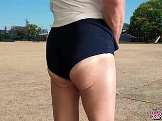 Girls dressed in uniforms for outdoor physical education class with solo masturbation moments