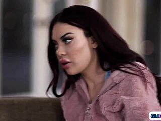 Redhead helps best friend seduce big tit stepmom with kissing and group lesbian action