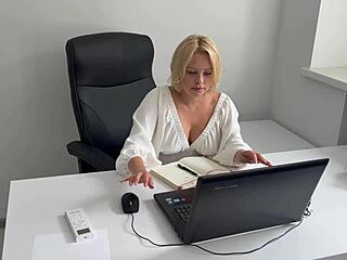 horny office secretary relaxes at end of workday by fingering shaved wet pussy to orgasm while watching porn at desk!