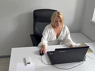 horny office secretary relaxes at end of workday by fingering shaved wet pussy to orgasm while watching porn at desk!