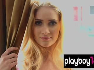 Australian busty blondie Lauren Volker slowly removes lingerie in a teasing striptease show.