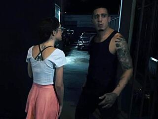 Petite teen with glasses sucks and rides cock in rough outdoor domination scene