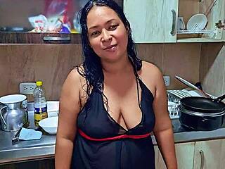 Horny Colombian Stepmom Suggests Squirting Orgasm in Kitchen with Natural Tits