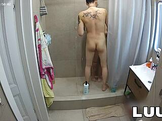 WOW! LUUV A COUPLES EXHIBITIONIST VIDEO PLAN IN THE SHOWER SHOWS OFF NATURAL TITS AND SHAVED PUSSY!