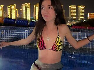 Pool girl quickly brings stranger to orgasm in hotel room encounter