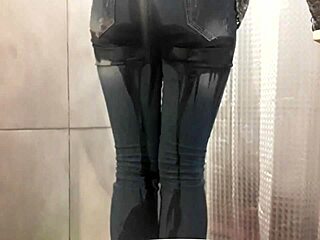 Desperate pee floods my jeans and pink high heels during intense moment