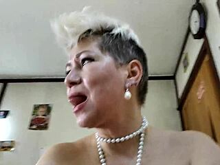 cute russian blonde milf bride in wedding dress gives blowjob to mature husband with monster cock then rides him to orgasm with hot close-ups of tits and cumshot on pearl necklace