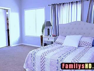 Stepdaughter catches stepmom in the bedroom with a strap-on unicorn horn. this leads to a naughty forbidden lesbian doggystyle encounter bent over.