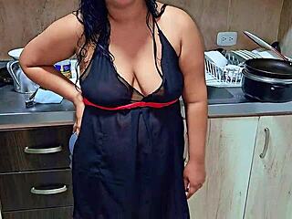 Horny Colombian Stepmom Suggests Squirting Orgasm in Kitchen with Natural Tits