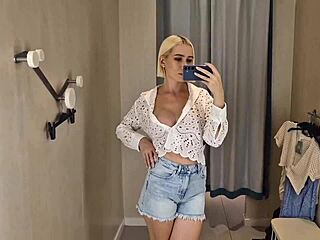 I try on completely see through transparent clothes in the shopping mall changing room for public fetish excitement and spying thrills