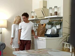 Is this skinny blonde teen bending over to ride and fuck her driver in doggystyle on the desk?