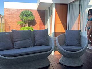 Two couples fucking outside at home swimming pool party with blowjob cowgirl riding and cumshot facial. Skinny teen brunettes join in.