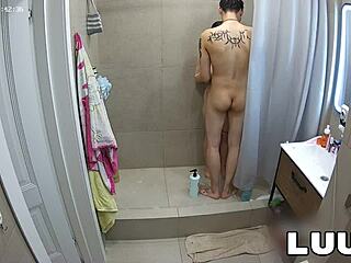 WOW! LUUV A COUPLES EXHIBITIONIST VIDEO PLAN IN THE SHOWER SHOWS OFF NATURAL TITS AND SHAVED PUSSY!