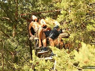 hot brunette teases in forest before taking rough assfucking and cum in mouth from big cock guy