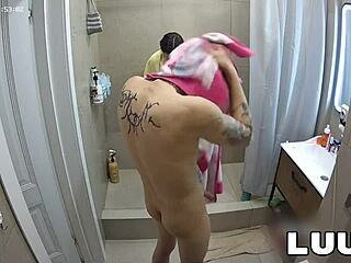 WOW! LUUV A COUPLES EXHIBITIONIST VIDEO PLAN IN THE SHOWER SHOWS OFF NATURAL TITS AND SHAVED PUSSY!