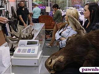 Will Pawn Keeper Pound Couple Lesbians Hard in Hidden Storage Room Threesome?