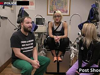 Asian blonde in latex gloves and miniskirt gets choked during deepthroat gagging fetish play. Panties spread for shaved pussy action with small tits tanned police role.