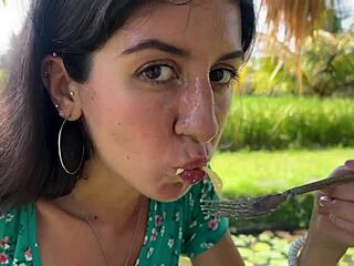 she boldly cumwalked through the public cafe, face covered in sperm, while eating her pasta carbonara