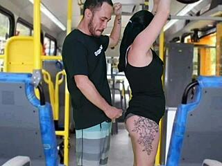 Watch this old creep flash and masturbate until he cums on the curvy brunette inside the bus!
