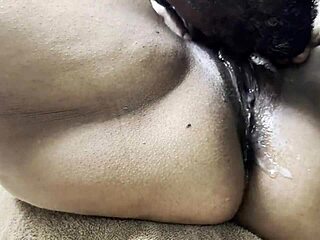 squirting ebony beauty moans while daddy licks her wet pussy. she worships his face with huge ass action.