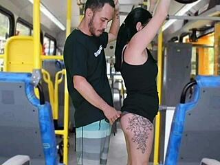 Watch this old creep flash and masturbate until he cums on the curvy brunette inside the bus!