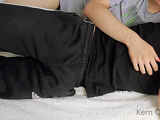 Amateur French teen gives sensual handjob to excited friend Madelaine Rousset who wakes him up for it.