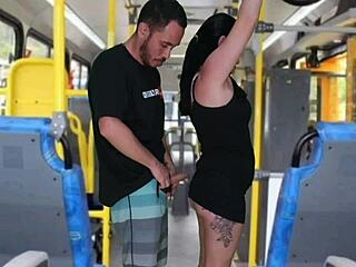 Watch this old creep flash and masturbate until he cums on the curvy brunette inside the bus!
