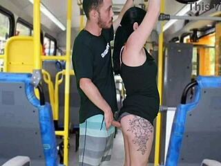 Watch this old creep flash and masturbate until he cums on the curvy brunette inside the bus!