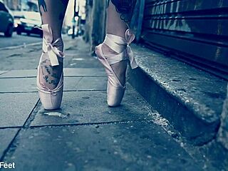 Ballerina in ballet shoes walks barefoot down the street