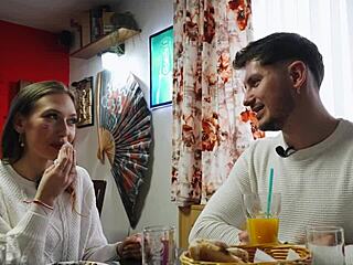 Brunette babe with braces sucks cock in car for public outdoor adventure.