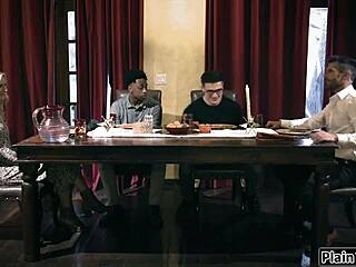 The couple invited the stepson's black friend over for a wild threesome session. They all got into interracial action with blowjobs and squirting.