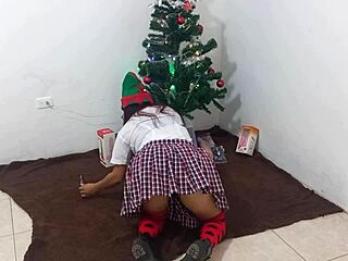 i'm this mature latina student getting my christmas dildo gifts, masturbating my big ass clit solo in uniform like a slutty old milf in homemade porn