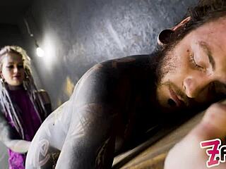 Alt dominatrix says she's pegging the tattooed worker for anal fuck and dripping dick cumshot domination.