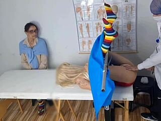 madura takes skinny redhead submissive mother in law to kinky ginecologista for taboo fetish massage with handjob creampie cum on ass