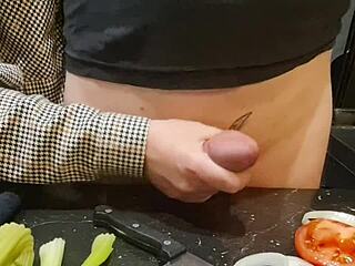 I'm tormenting this huge cock with extreme urethral insertion using cucumber on the kitchen desk. Domination and humiliation get wild in this homemade fetish roleplay.