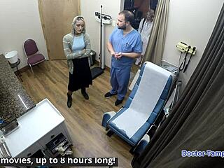 Nurse Channy Crossfire in latex gloves spreads shaved pussy during backstage hospital exam with Dr Tampa