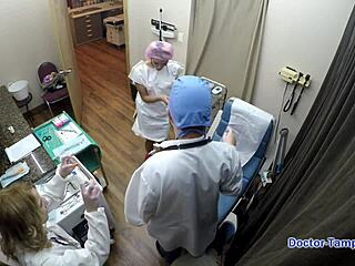 Nurse Channy Crossfire in latex gloves spreads shaved pussy during backstage hospital exam with Dr Tampa