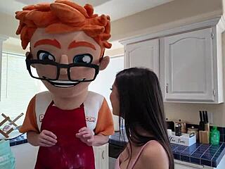 Petite brunette Eva Generosi gives blowjob in kitchen interview. She rides big cock doggystyle and takes facial cumshot.