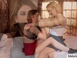 Brunette babe in lingerie fingering and facesitting her horny blonde teen neighbor for orgasm.