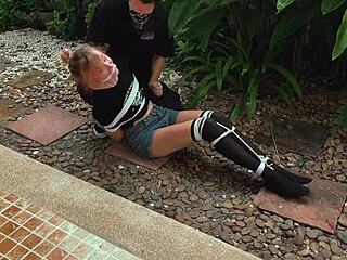 park beauty bound moaning outdoor tickled into blonde teen frenzy!