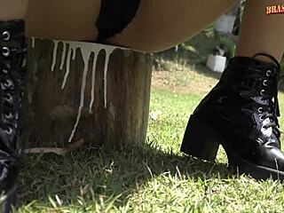 hot brunette gives amazing footjob and licks shaved pussy