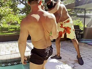 petite cheerleader kait worships big black cock by the pool in wild interracial threesome slut fest