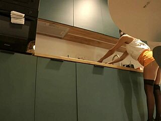 Cute Housewife Flashes Pussy Lips In High Heels Stockings Miniskirt Kitchen