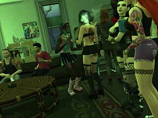 Guy pounds goth girl's tight hole pov style amid wild party chaos