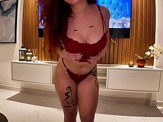 Damn fiery Brazilian redhead rides cock in lingerie POV