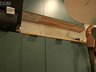 Cute Housewife Flashes Pussy Lips In High Heels Stockings Miniskirt Kitchen