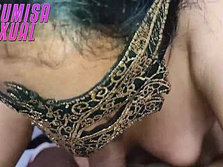 Young slut chokes on old master's cock between her huge marked tits