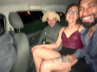loirinha's tight pussy small tits tattooed body rides two cocks in car backseat ride