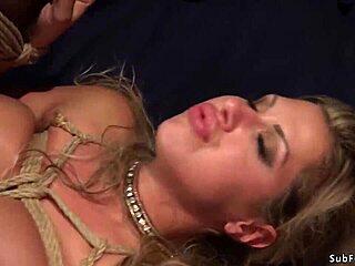 busty blonde gags on monster cock while bound and roughly fucked in lingerie