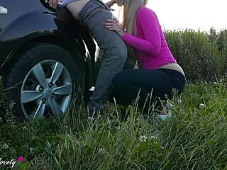 Horny taxi driver pounds blonde against car at sunset?